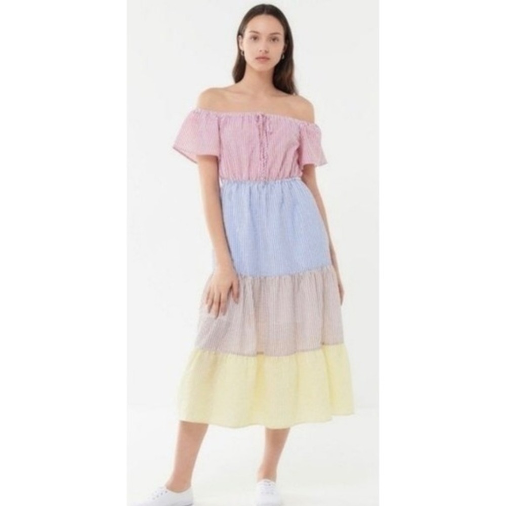 Urban Outfitters Seersucker Color Blocked Midi Dress Cottagecore Size XS - Picture 3 of 13